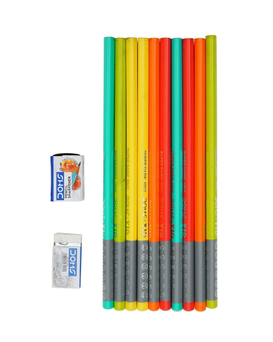 Doms Y1+ Graphite Pencils | HB/2 Super Dark | Triangular Shape | 10 Pencils, 1 Sharpener, 1 Eraser