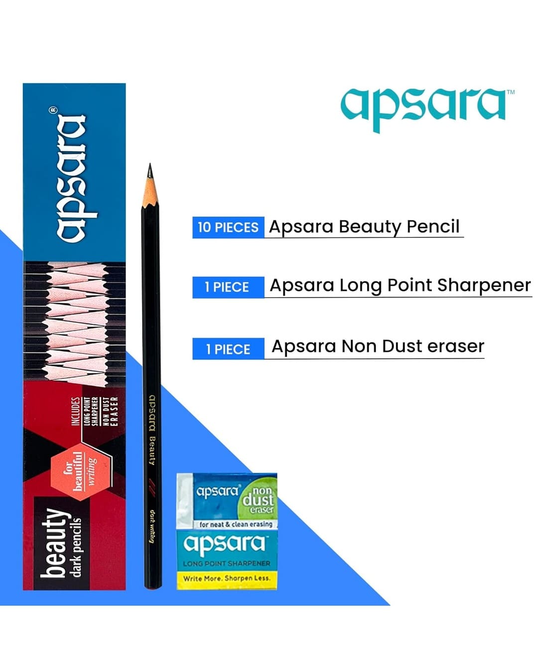 Apsara Beauty Pencils | Dark | 10 Pencils, 1 Sharpener, 1 Eraser